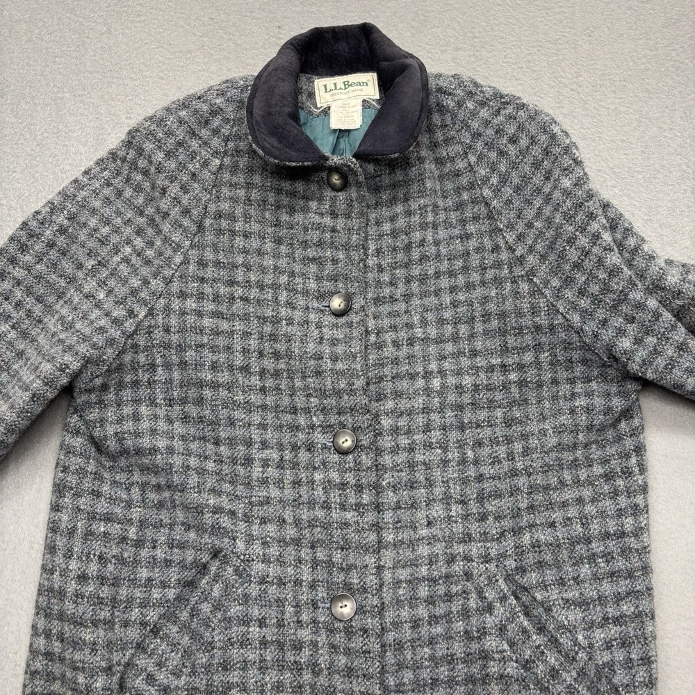 LL Bean VTG Gray Blue Wool Overcoat Women's Petite M Suede Collar Houndstooth - Picture 3 of 16